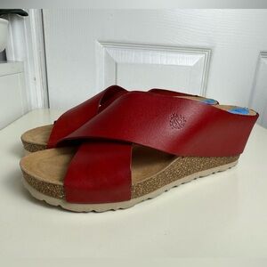 Women's Red Leather Crossover Wedge Slides